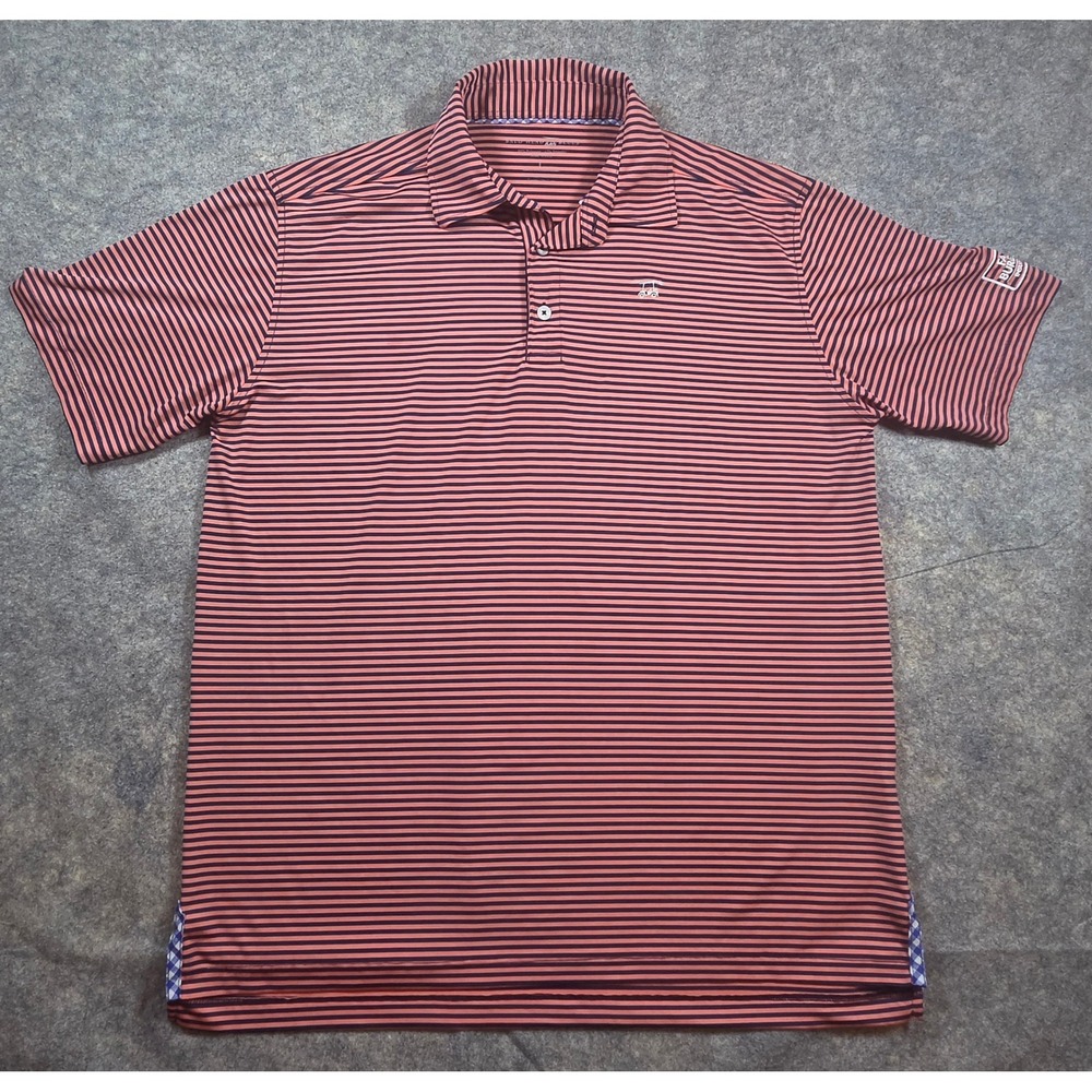 Bald Head Blues Mens Large Striped Performance Golf Polo Shirt Coral Navy Blue